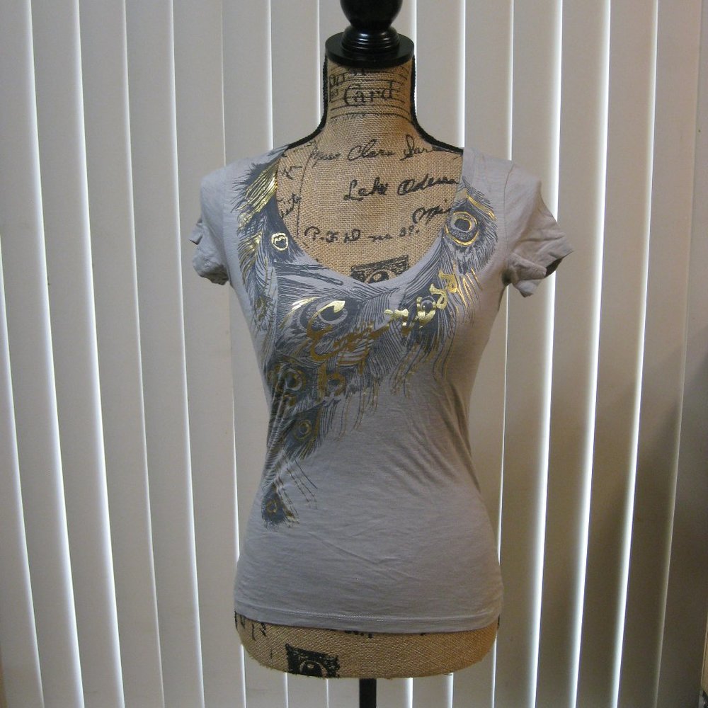NWOT Express gray peacock graphic tee t shirt top XS extra small